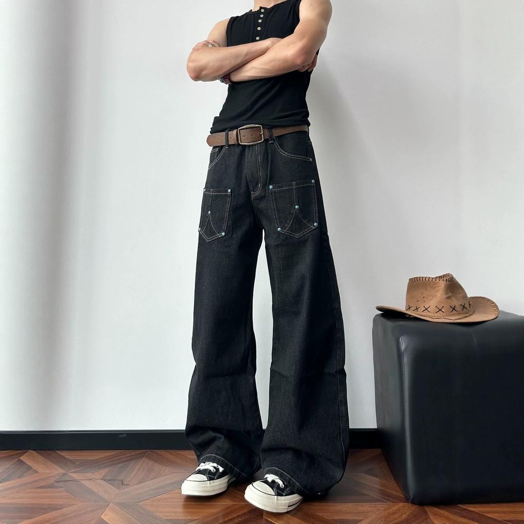 American Retro Bump Nail Primary Color Scimitar Jeans Men's Spring and Autumn High Street Loose Deconstruction Wide Leg Pants
