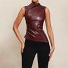 European & American Style Women's Leather Cowl Neck Waist-Gathering Asymmetrical Sleeveless Top