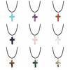 Natural Stone Cross Pendant Necklace Women Men 18inch Black Leather Cord Custom Crystal Choker Chakra Jewelry Findings