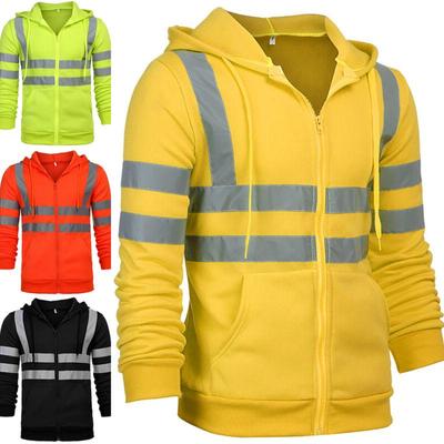 Men Stripe Color Matching Zipper Coat Night Reflective Strip Railway Work Clothes Hooded Sweatshirt