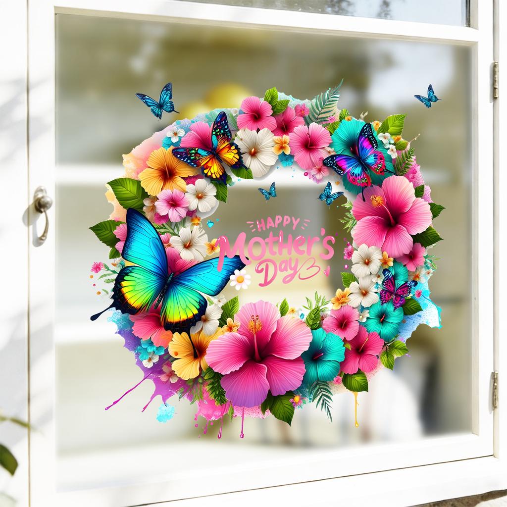 Mother's Day Floral Wreath Static Cling Window Sticker Removable Self-Adhesive for Living Room Bedroom Hallway Balcony Store PVC Glass Decor Art