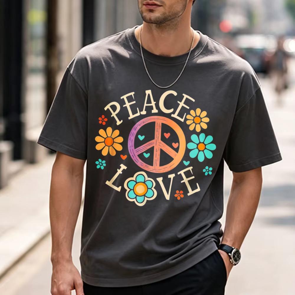 Retro 60s 70s Hippie Peace Love Graphic Tshirt Cotton With Colorful Floral Design Casual Crew Neck Tee For Unisex Clothing Tops