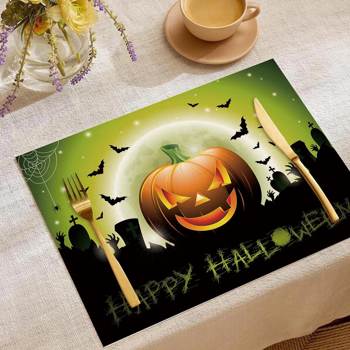 

Halloween Heat-Resistant Placemats Festive Home Decor Kitchen Living Room Table Pads Durable Decorative Mats Party Supplies 45x32cm 1pc