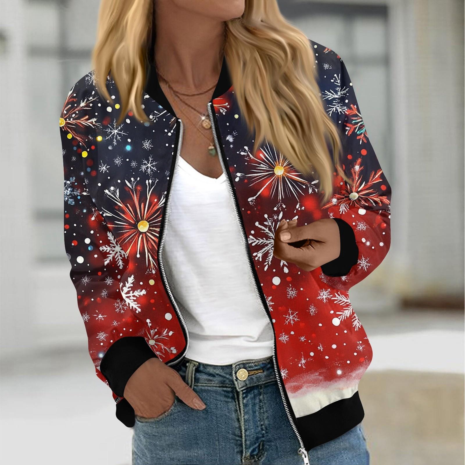 

Куртки женские с длинным рукавом, легкие, на молнии, укороченные, модные, с рождественским принтом, верхняя одежда, повседневные, стеганые куртки с карманами XL синий