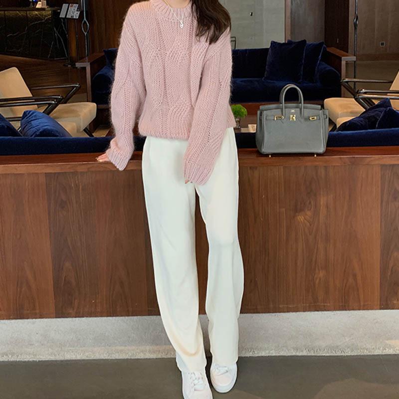 Women's Solid Color Thick Knit Hemp Flower Sweater - Round Neck, Pullover, Korean Style, Perfect for Autumn and Winter.