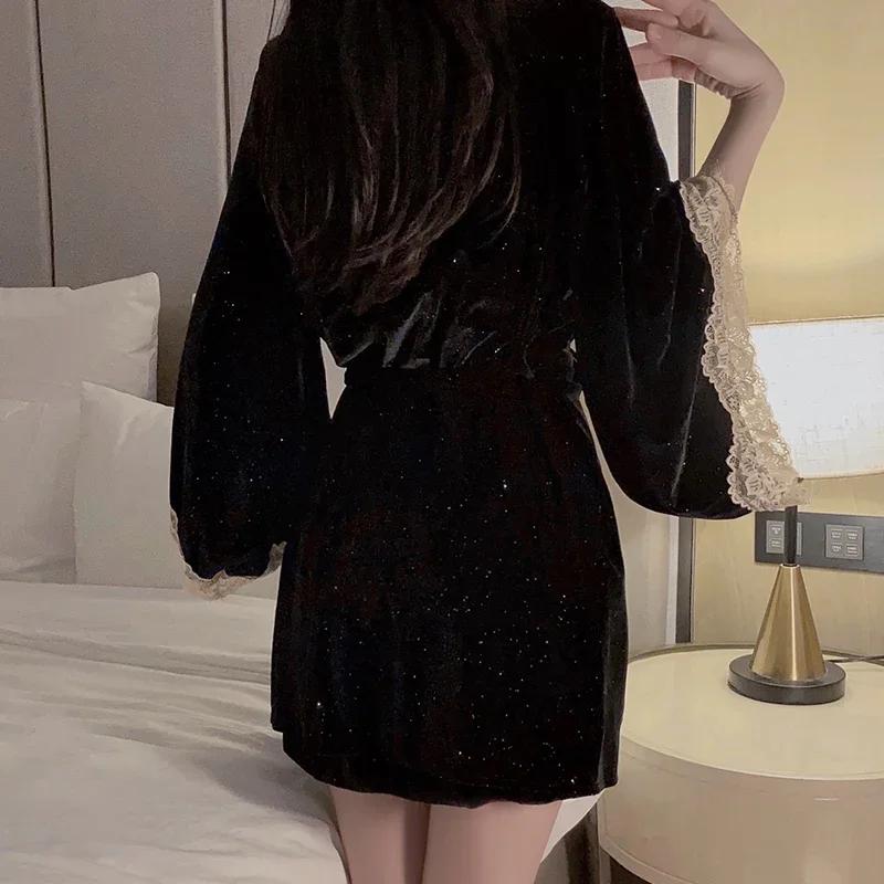 Sexy Backless Black Pajamas Set for Women with Breast Pads, Lace Shiny Velvet Pajamas for Women