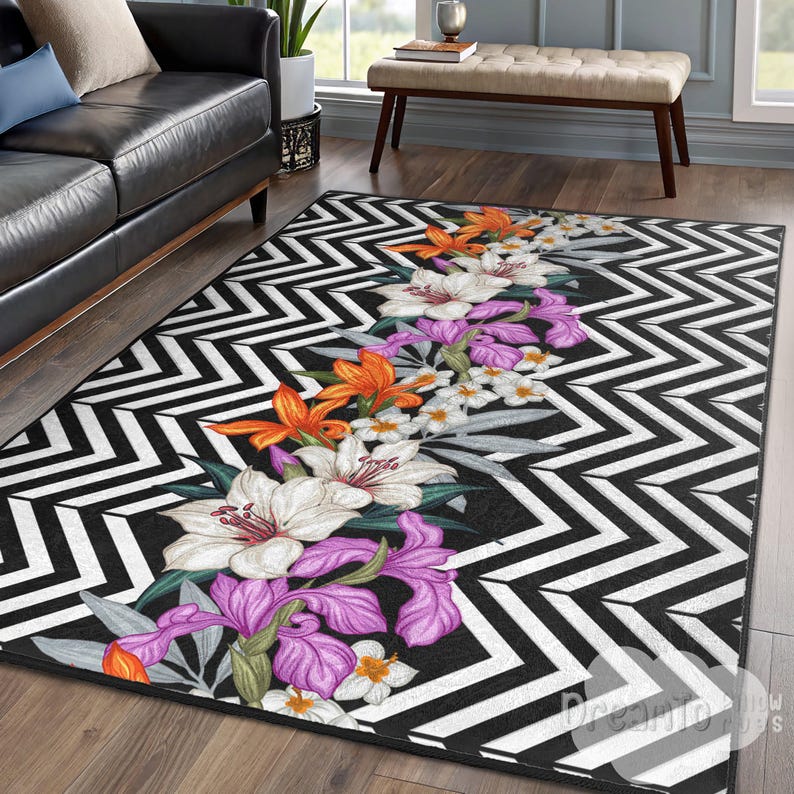 

Black White Zigzag Floral Area Rug Purple Orange Lily Botanical Pattern Modern Chevron Decorative Runner Tropical Style Home 60*90cm