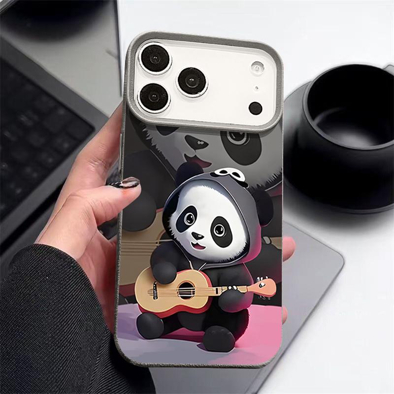 Guitar-playing Panda Pattern Case For iPhone 17 Pro Max Funda iPhone 16 Pro Max 15 14 13 12 11 Air 16E Leather Texture Silicone Cover