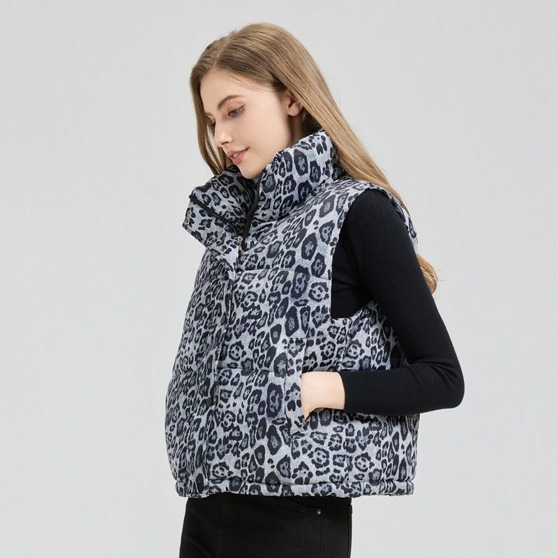 Mode Leopardenmuster Kurze Weste Stehkragen Warm Ärmellose Jacke Damen Oberbekleidung Herbst Winter