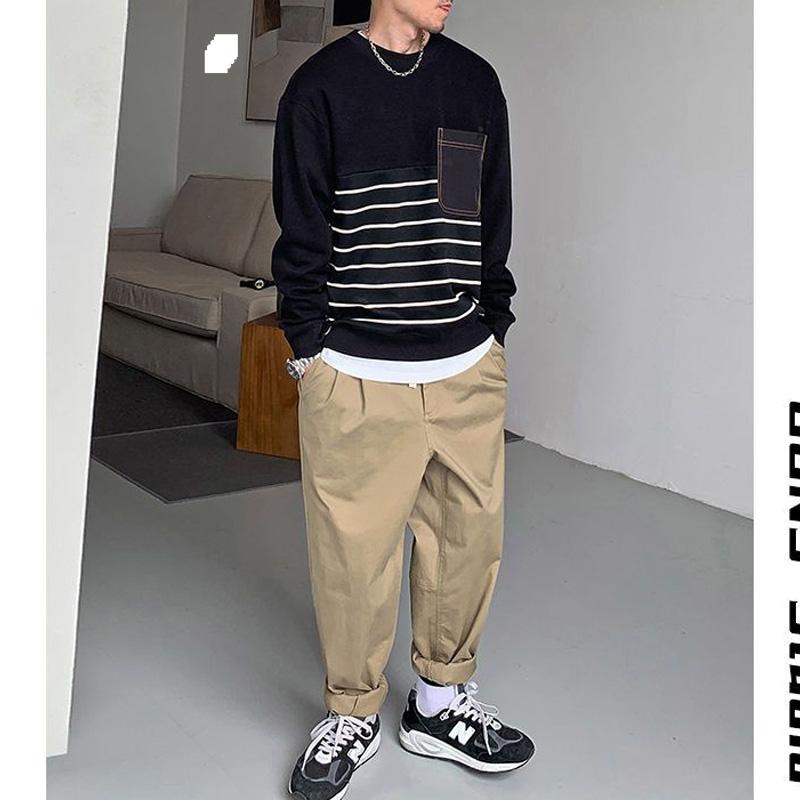 Spring and Autumn Men's Fashion Simple Round Neck Spliced Stripe Long Sleeve Loose Casual Thin Versatile Sweater T-shirt