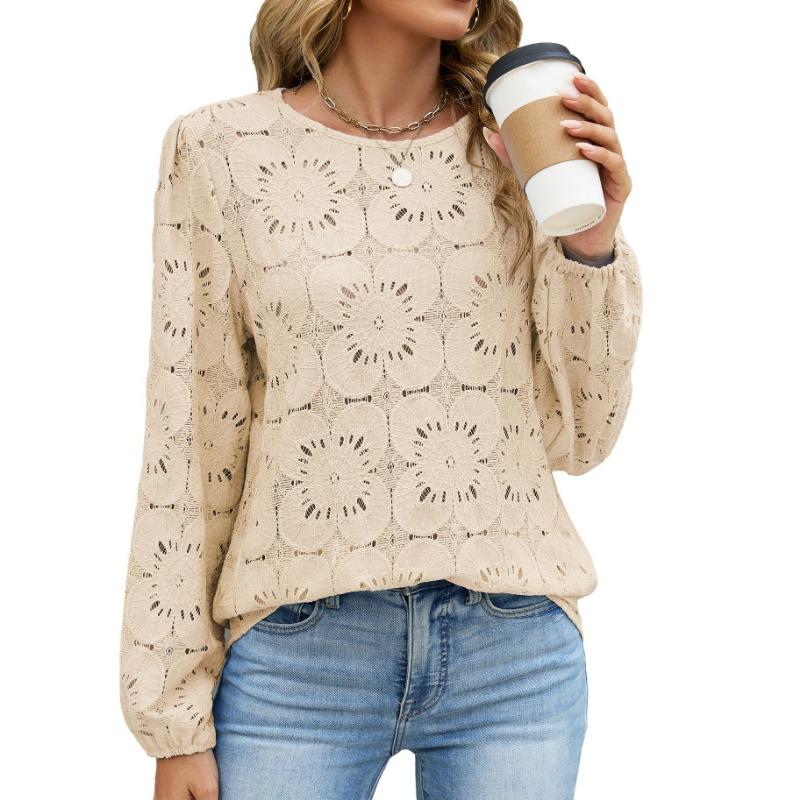 Solid Color Lace Trim Round Neck Long Sleeve Loose Hollow Blouse For Women