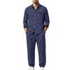 Men's 2‑Piece Linen‑Blend Set, Long‑Sleeve Button Shirt with Contrast Pattern Trim & Chest Pocket, Drawstring Jogger Pants Breathable Casual Outfit