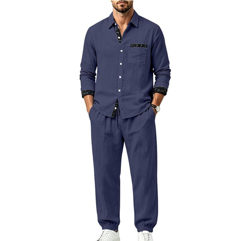 Men's 2‑Piece Linen‑Blend Set, Long‑Sleeve Button Shirt with Contrast Pattern Trim & Chest Pocket, Drawstring Jogger Pants Breathable Casual Outfit