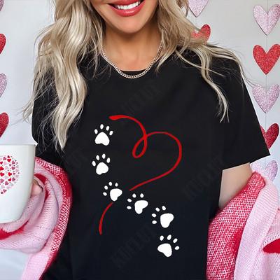 Funny Heart  Dog Paw Print Women Tshirts Fashion Summer Ladies Tshirts Short Sleeves Clothes Love Heart Fashion Casual Shirts