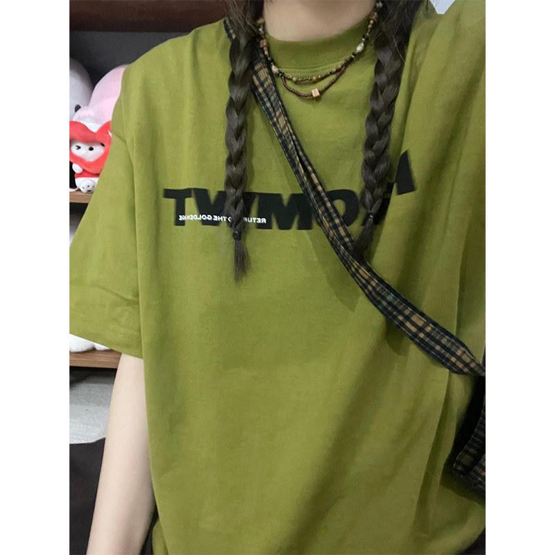 

Plus Size American Retro Cotton T-shirt - Women s Loose Fit Short Sleeve Mid-Length Top 3XL (Recommendation: 156-170 lbs) оливковое зеленый