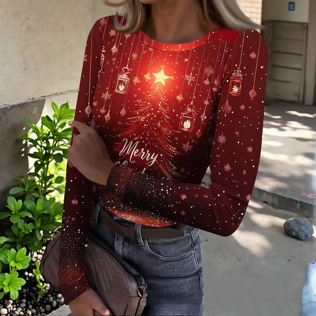 Women's  Slim Bottom T-shirt Fashion Casual Gradient Printing Round Neck Pullover Long Sleeve Top