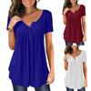 Women Soild Print Short Sleeve T-Shirts Tunic Button Round Neck Causal Blouse