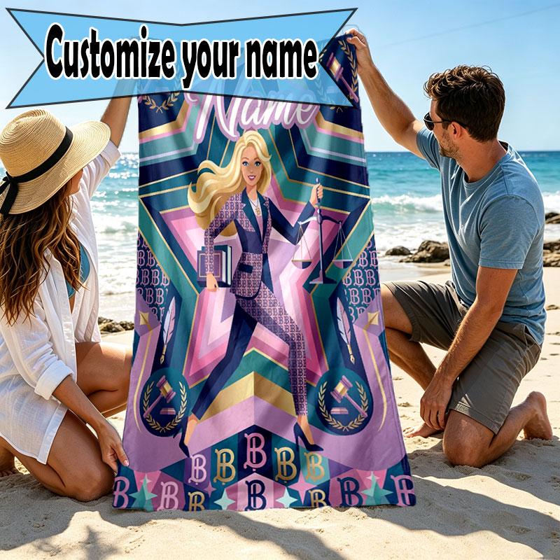 Prosop de plajă personalizat cu nume și imprimeu Barbie, pentru călătorii, camping, petreceri pe plajă, decor casnic, cadou de ziua de naștere pentru familie și prieteni