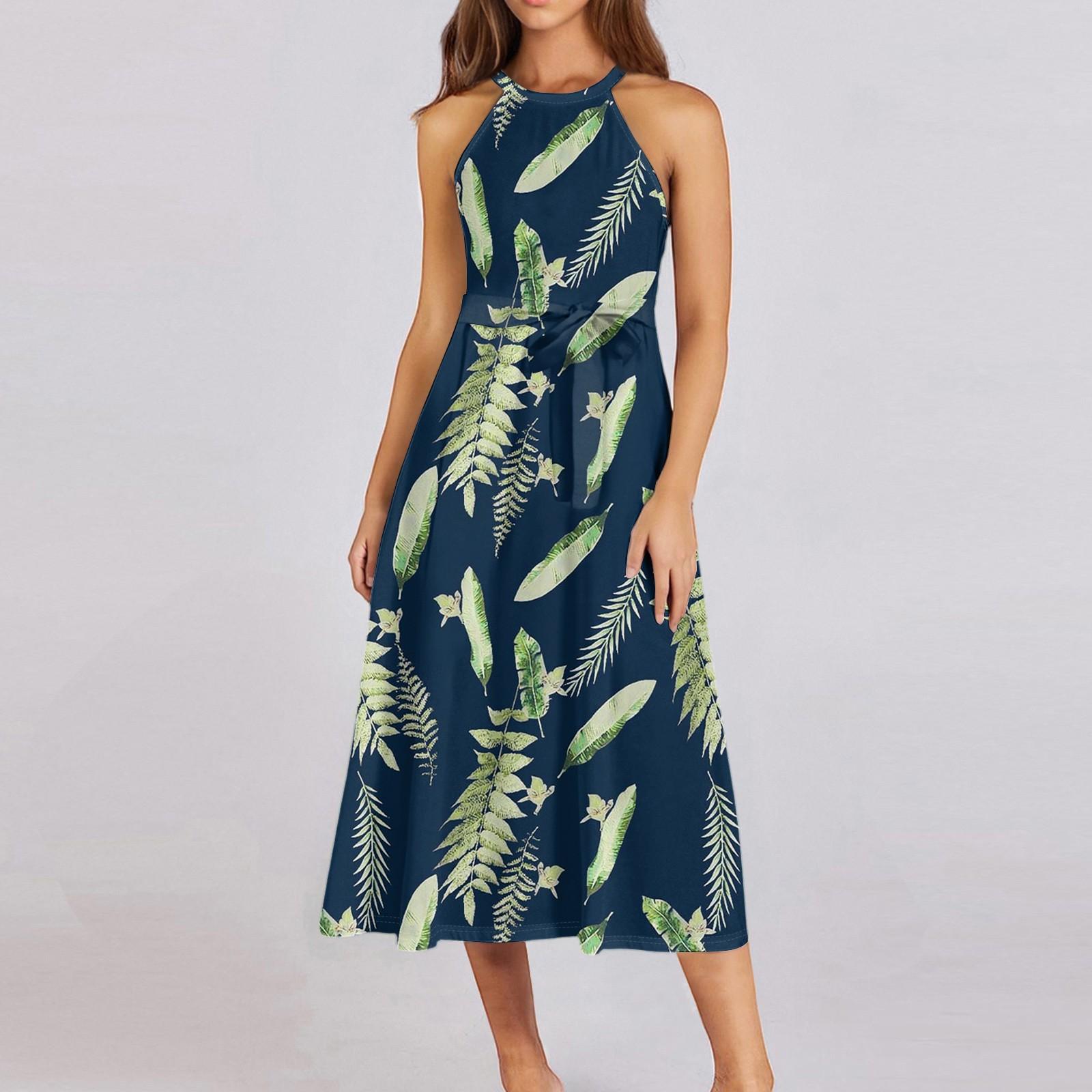 

Женское повседневное платье миди с круглым вырезом, классическое, повседневное, без рукавов, свободное платье в стиле бохо с завязками, летний пляжный сарафан L