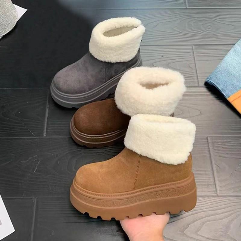 Dicke Sohle, erhöhend, Schneestiefel für Damen, Winter, neu, vielseitig, flauschig, Leder, kurze Stiefel, gefüttert und verdickt, warme Baumwollschuhe