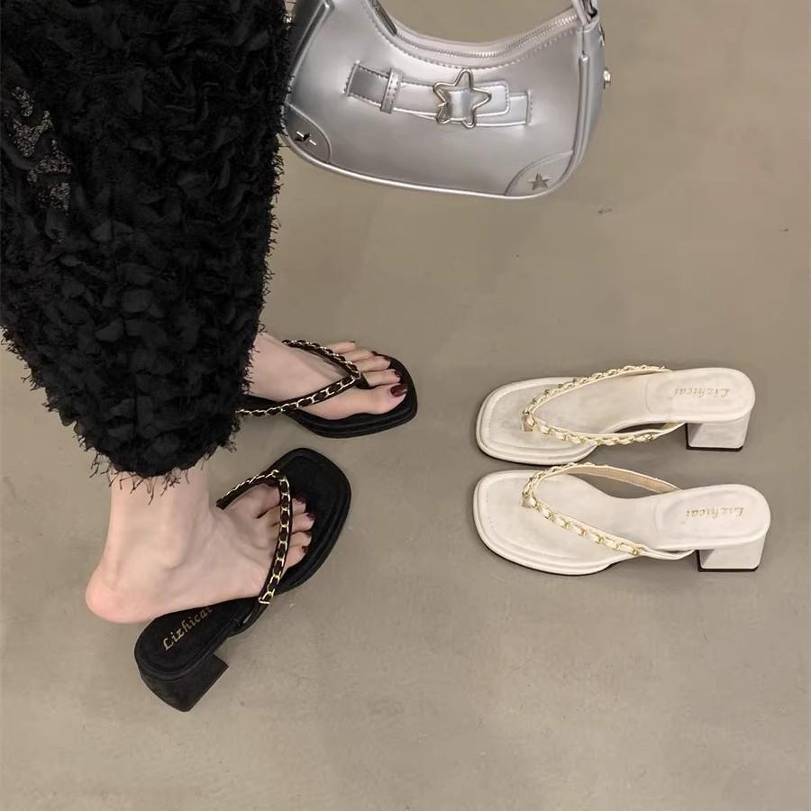 Height-increasing Version~ 2025 Summer New Thick-heeled Flip-flops, Women's Shoes Retro Metal Chain Toe High-heeled Sandals