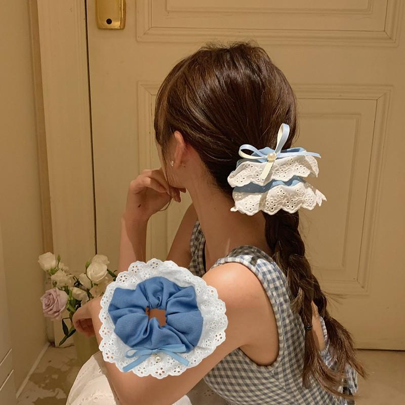 Large Denim Double layered Hair Scrunchies With Lace for Girls and Women Elastic  Hair Bands Nordic Style Hair Accessories