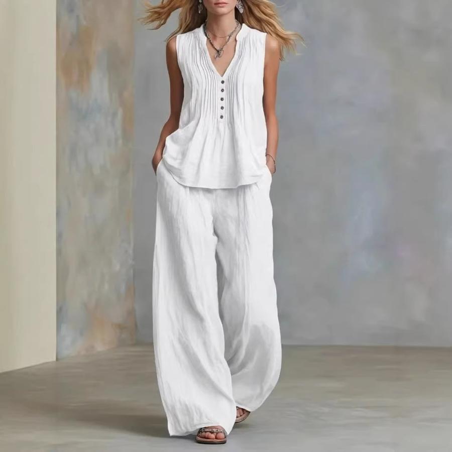 Women's Fashion Casual Solid V-Neck Ruched Loose Sleeveless Casual Wide Leg Pants Two Piece Set