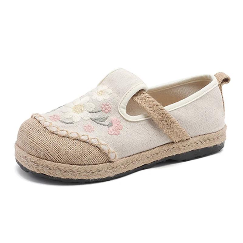 Fashion Bohemian Women Linen Canvas Slip-On Flats Comfortable Retro Loafers Ladies Casual Embroidered Sneakers Hemp Sole Women Shoes