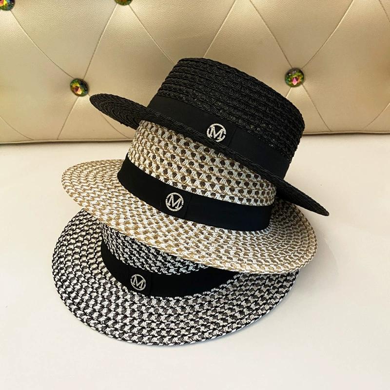 Flat-Top Hat for Women, Summer Hollow-Out m Logo Plaid Woven Straw Hat, Beach Outing Sun Protection Hat Flat-Brimmed Fedora