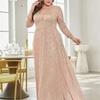 New Plus-Size Evening Dress with Sequins and Long Sleeves, Birthday Gown, Banquet Party Dress
