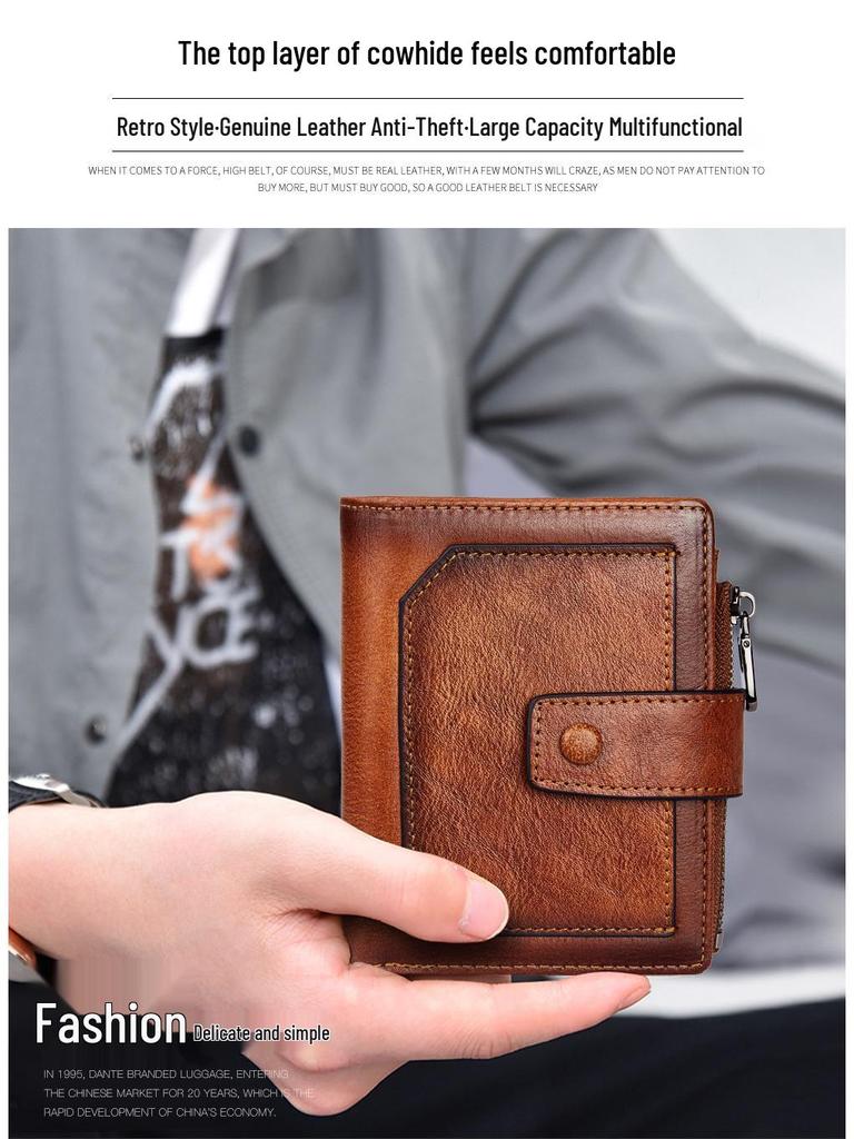 Męski Portfel z Prawdziwej Skóry z Zamkiem Błyskawicznym, Chroniący przed Kradzieżą i RFID