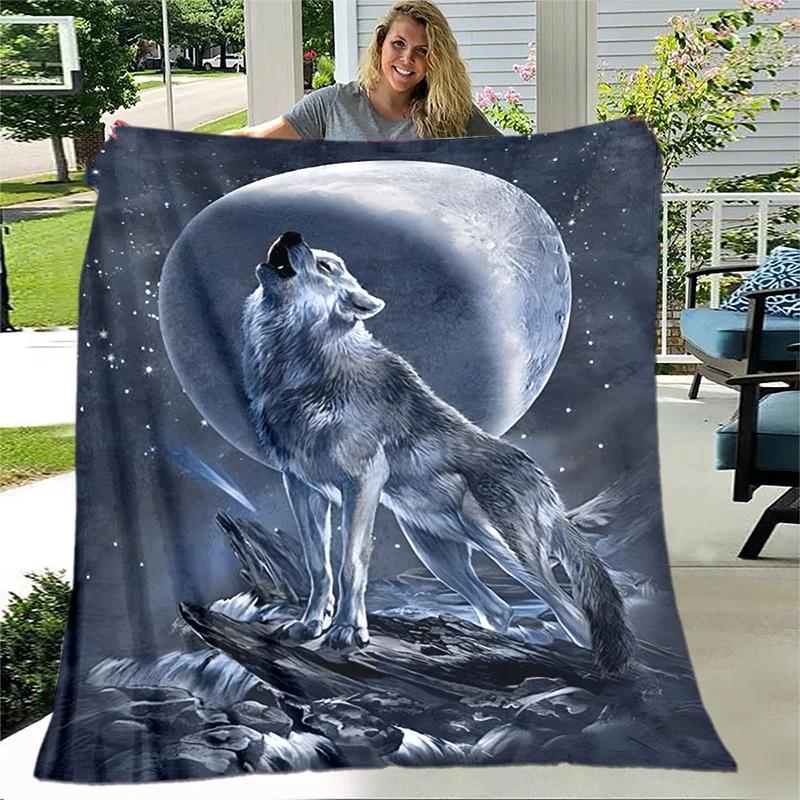 Arte Fantasia Lupo Morbido Peluche Divano Letto Lancio Cartone Animato Picnic Coperte Moderna Coperta di Flanella Stampata Copriletto Regalo