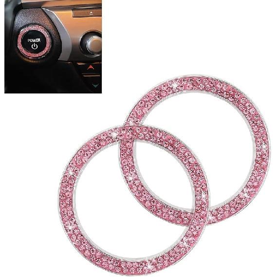WZP 2PCS Bling Push To Start Button Cover, Crystal Rhinestone Engine Start Button Cover, Sparkling Car Interior Accessories for Women (Pink)
