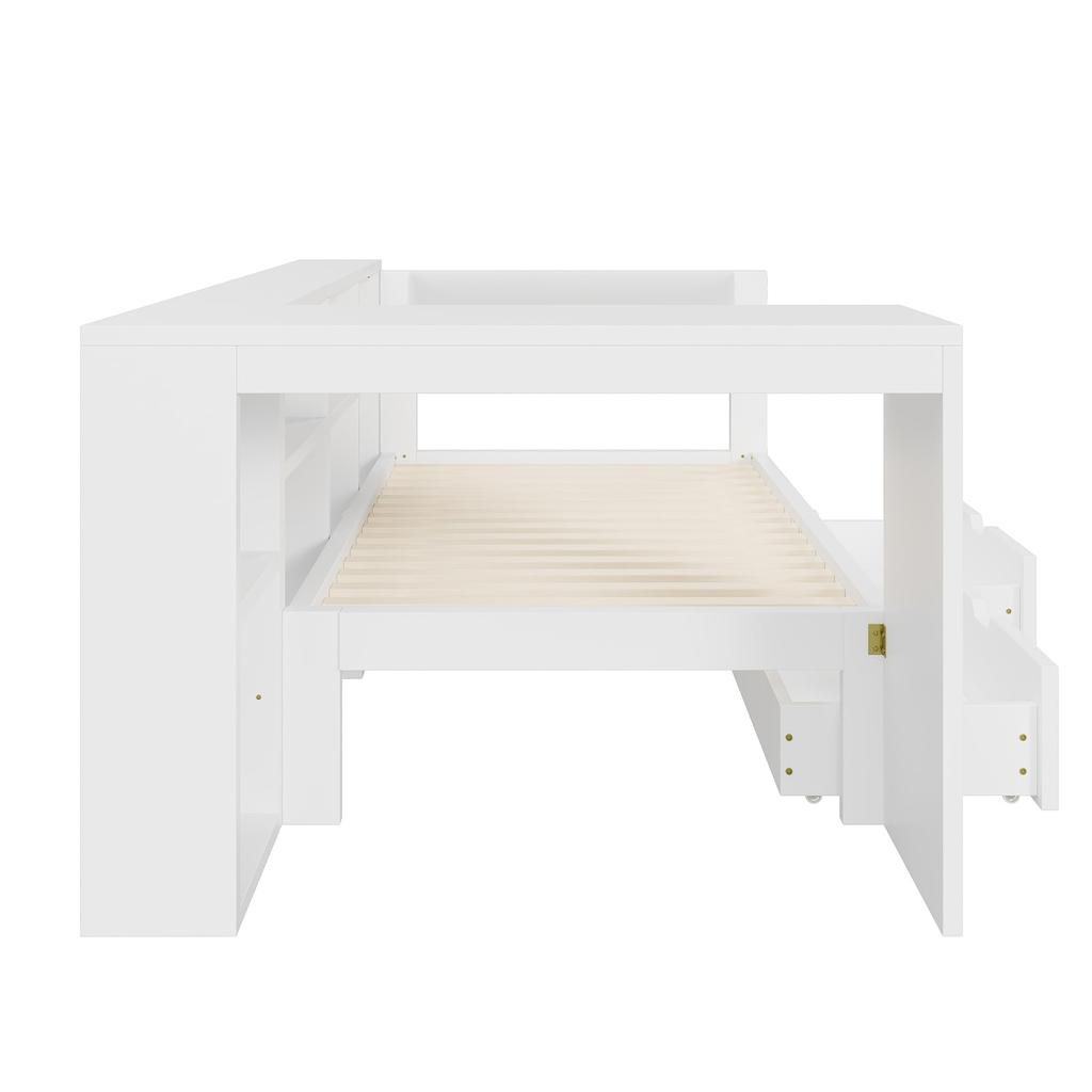 Children's Bed 90x200 Wood Single Bed Slatted Frame Storage Space USB LED Light Desk 2 Drawers Storage Compartments Shelves Daybed White
