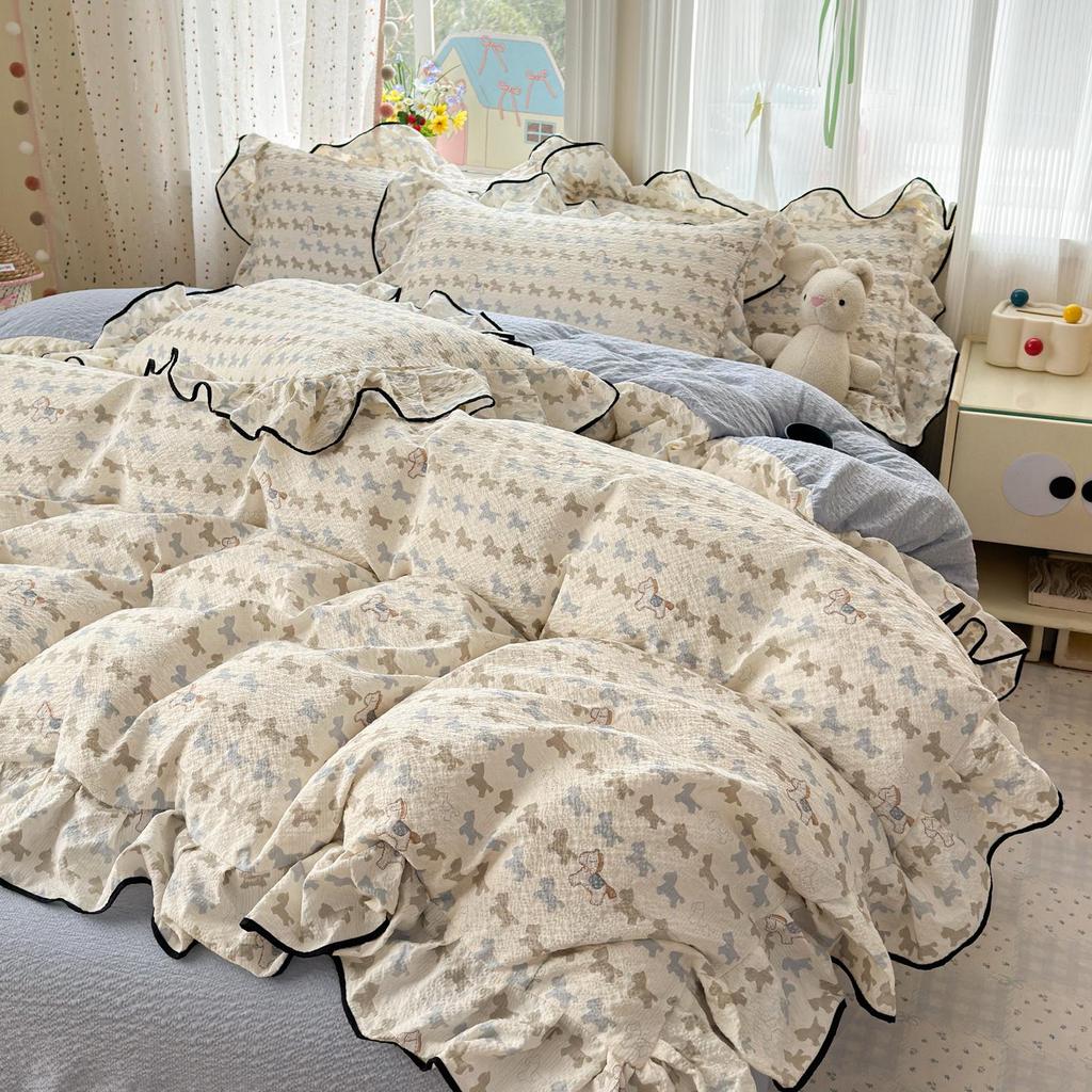 Bubble Cotton Fresh Floral Lace Bedding Set - 4-Piece Soft Duvet Cover & Sheet