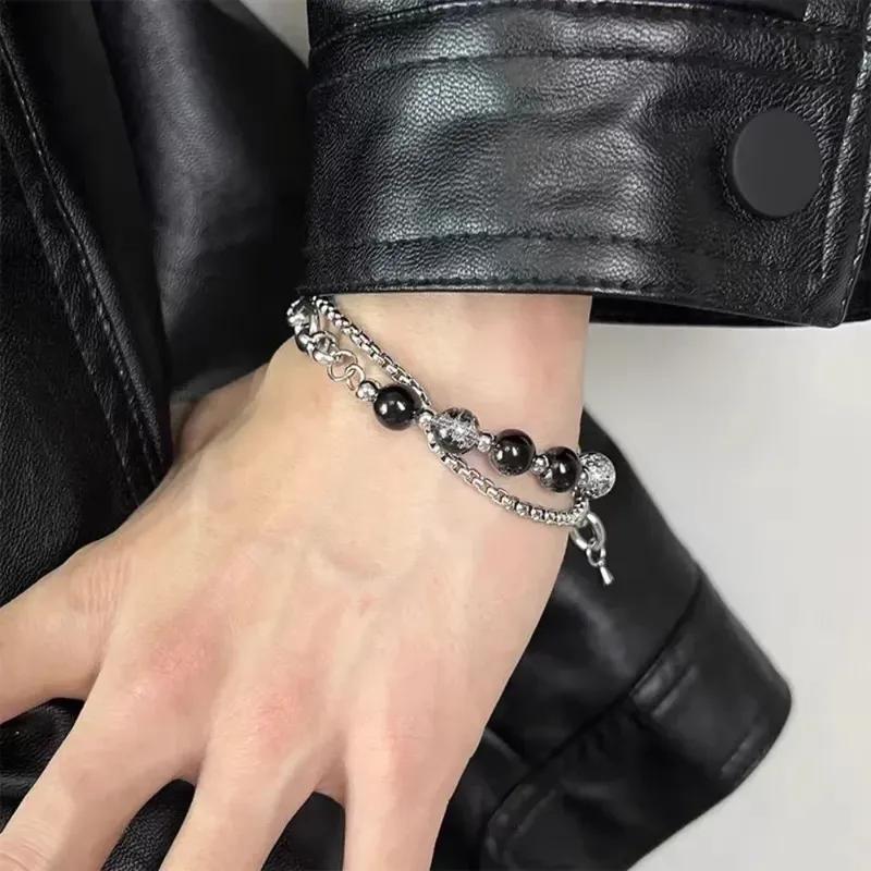 Retro Black Cracking Beads Bracelet for Men Women Stainless Steel Double Layered Chain Fashion Hip-pop Jewelry Hand bracelet