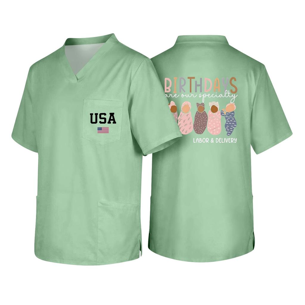 Men's Short Sleeve V-Neck Scrub Top with Pocket - Labor Day Fun Print - Uniform Tunic