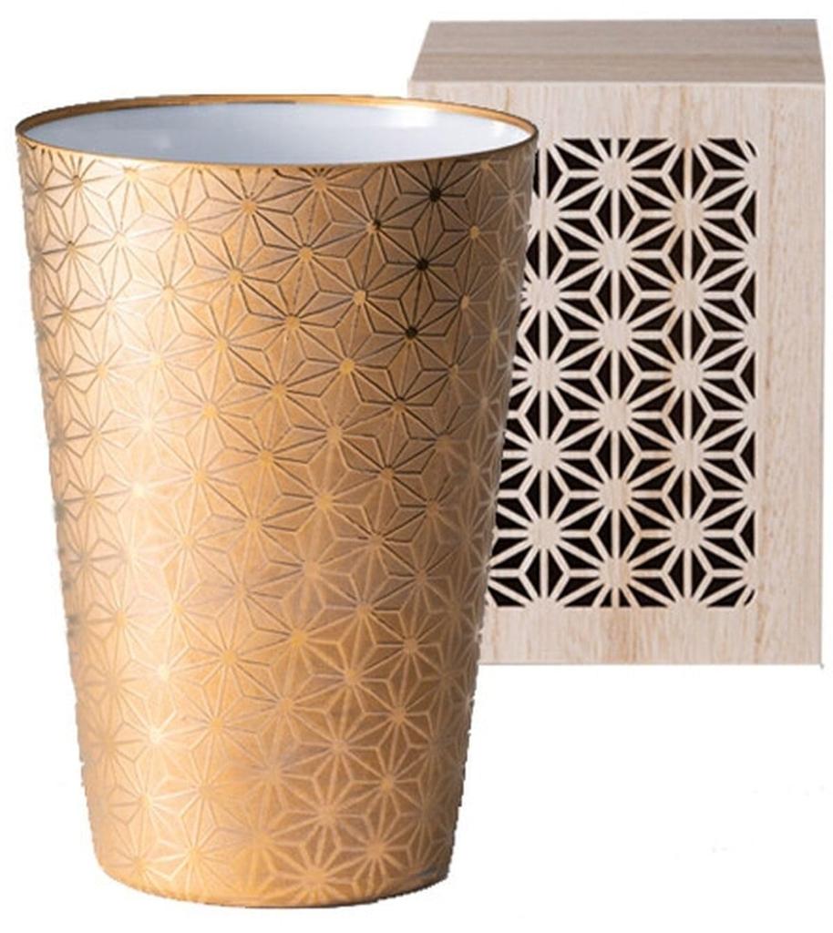 Asanoha Wooden Made in Japan J-kitchens Cup, Ultra-thin, Light-transmitting Tumbler, Gold, Pattern, Box, 370ml,