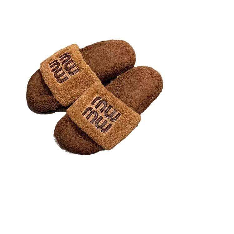 Wool Version~ Fashionable Outer Wear Miu Wind Flat Bottom Outer Wear One Word with Plush Fluffy Slippers Autumn and Winter Fluffy Shoes