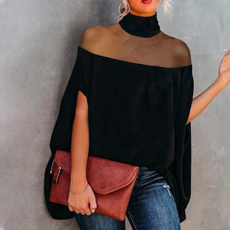 Summer New Fashion Women's Mesh Off-shoulder Bat-sleeve Elegant Half Turtleneck Top