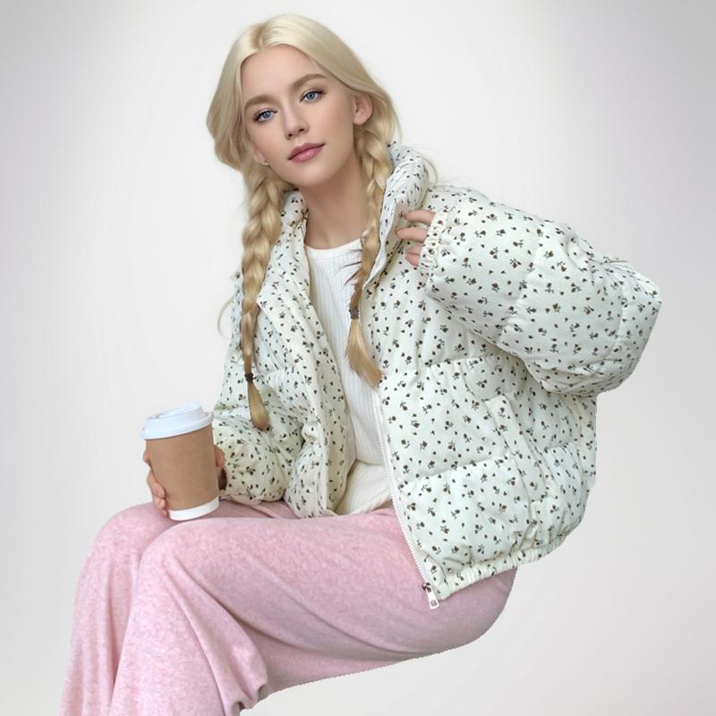 Trendy Dunjakke Dame Ny Kort Mote Floral Bomullsjakke Løs Fortykket Varm Jakke
