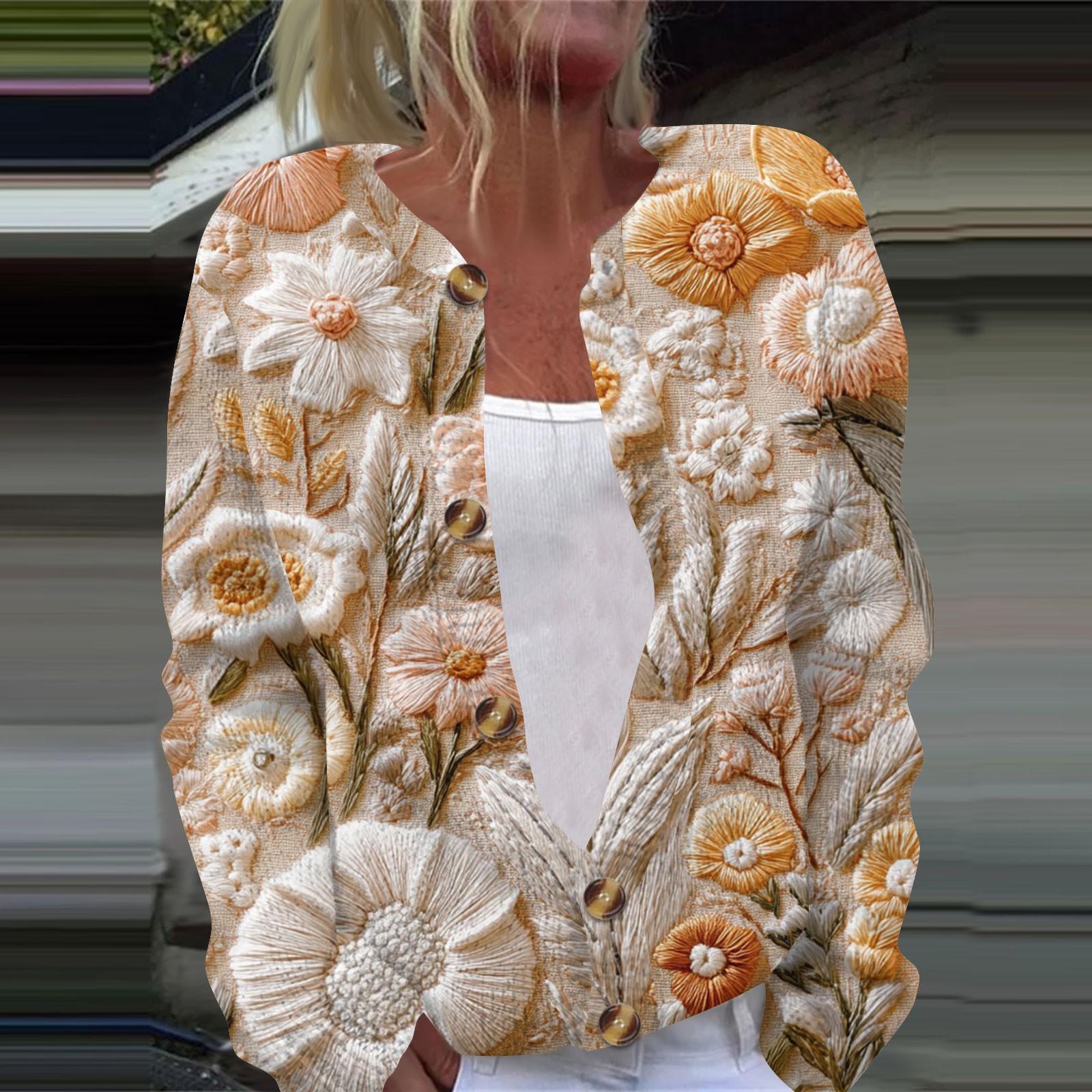 

Женская повседневная мода ретро цветочный принт длинный рукав кардиган куртка на пуговицах M белый