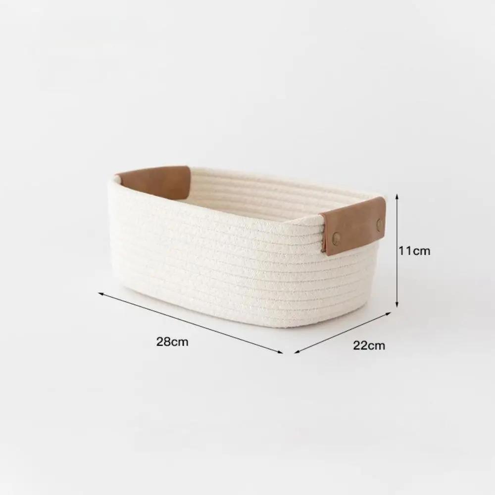 

Cotton Rope Straw Storage Basket Foldable with Leather Handle for Home Bedroom Office Desktop Space Saving Cosmetic Organizer