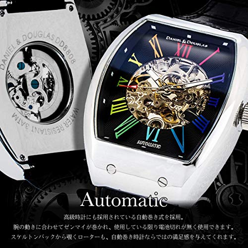 [Daniel & Douglas] DD8808 Analog Watch, Automatic/Manual Winding, Skeleton, Brand Name, Men's (Rainbow Black/Gold)