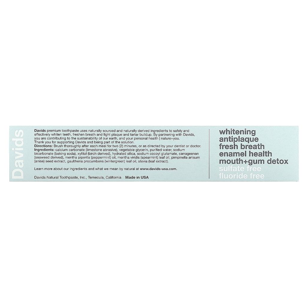 Davids, Premium Toothpaste, Whitening + Tartar Removal, Natural Peppermint, 5.25 Oz (149 G)