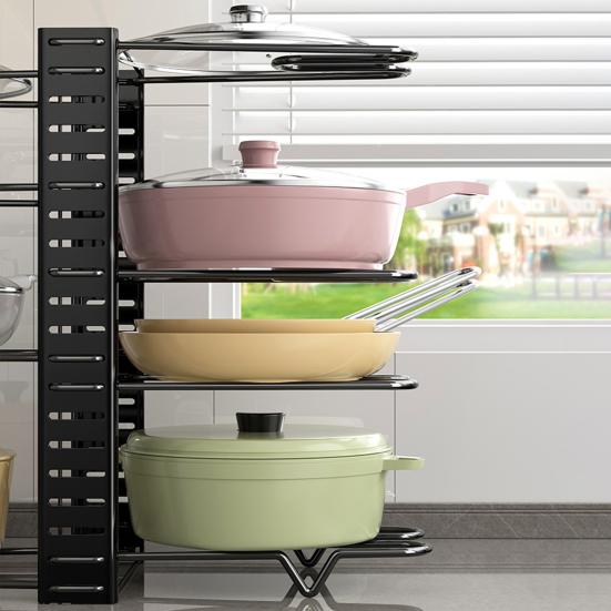 Szintes Állítható Serpenyőrendszerező Edénytároló Állvány Edény- és Serpenyőtartó Lábasállvány Konyhai Pultra és Szekrénybe