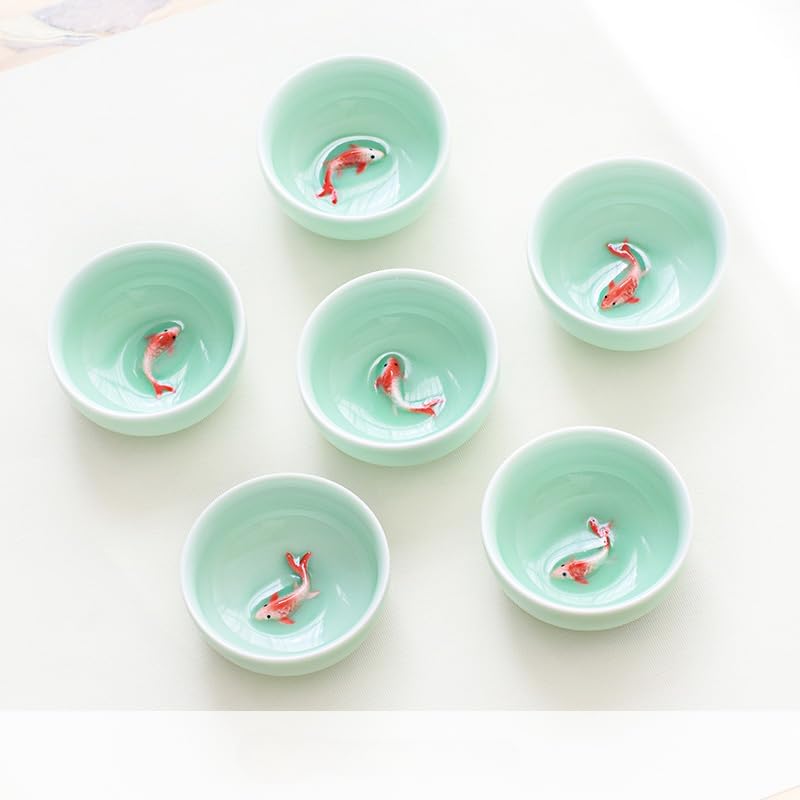 DAVBIR Boutique Tea Cup Ceramic Celadon Small Fish Tea Bowl (1.52Oz) (45ml) (6 Mix and Match)