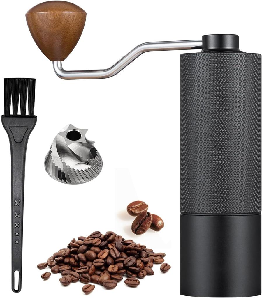 Manual Coffee Grinder Stainless Steel Tapered Burrs - Wooden Handle - Adjustable Internal Settings Dual Bearing Positioning