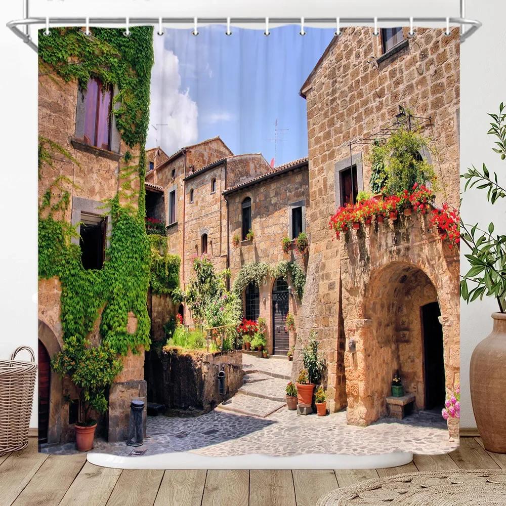 

3D Roman Column Palace Sea View Shower Curtain Green Palm Tree Lake Landscape Bathroom Decor Bath Curtain Polyester Fabric Hooks 120x180cm-47x70in