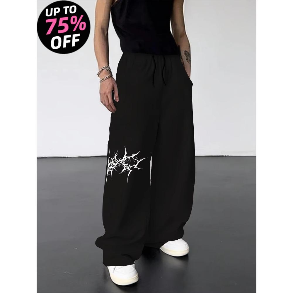 Suitable for Autumn and Winter Men's Black Jogging Pants Gothic Style Printed Text Pattern Street Sweatpants